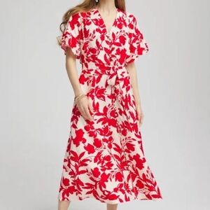 Chico's Vibrant Red and Cream Floral Dress